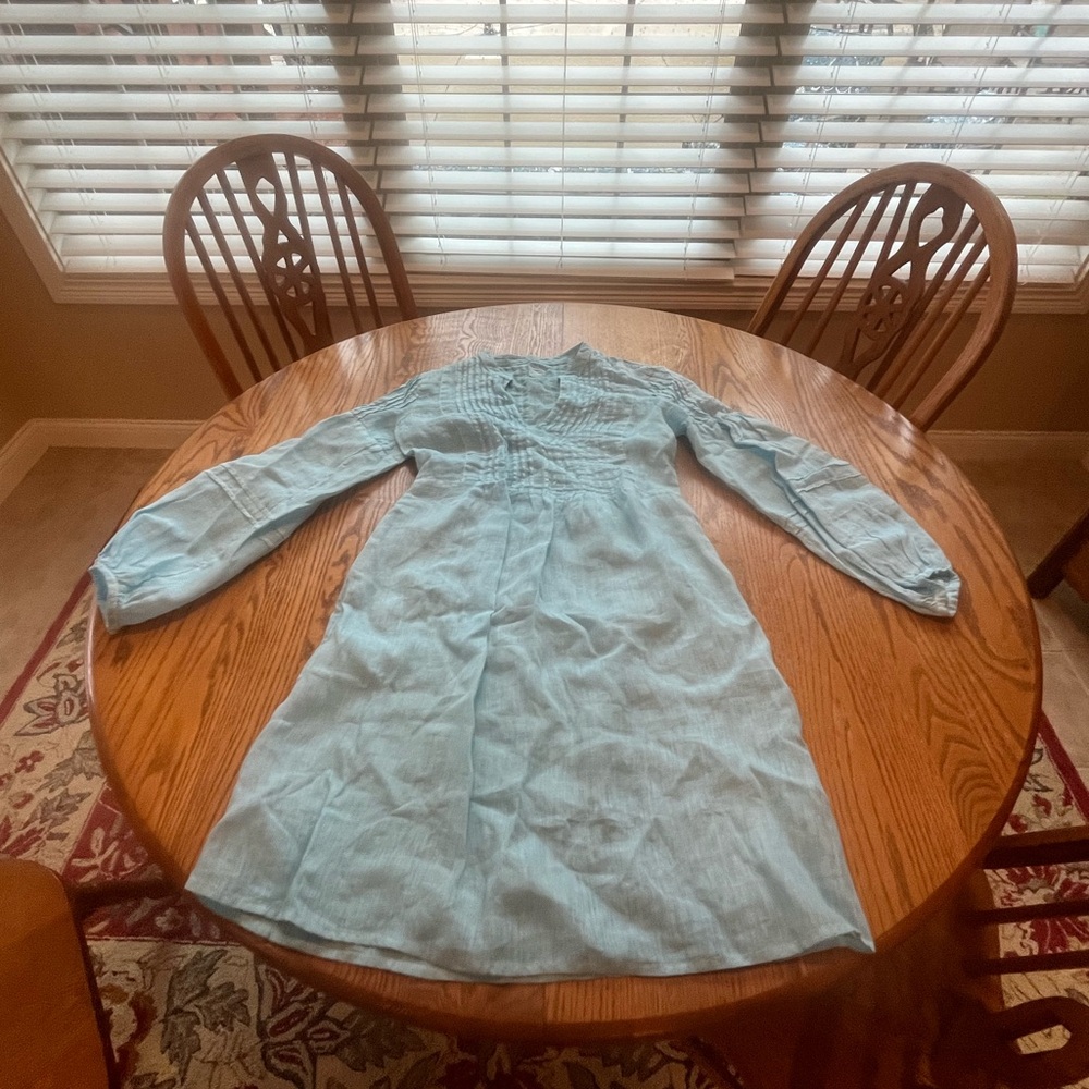 120% Lino Pale Blue Smocked Split Neck Long Sleeved Linen Shift Dress 40 US 8 M